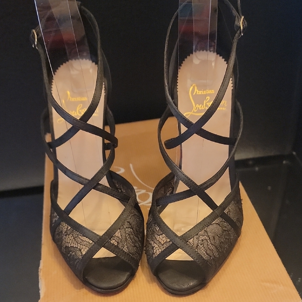 Christian Louboutin Black Lace With Ankle Straps Heels Sz6